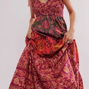 Free People Bohemian Maxi Dress in Magenta and Olive with Floral Print